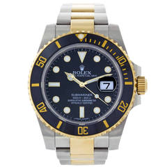Rolex Yellow Gold Stainless Steel Submariner Black Ceramic Wristwatch Ref 116613