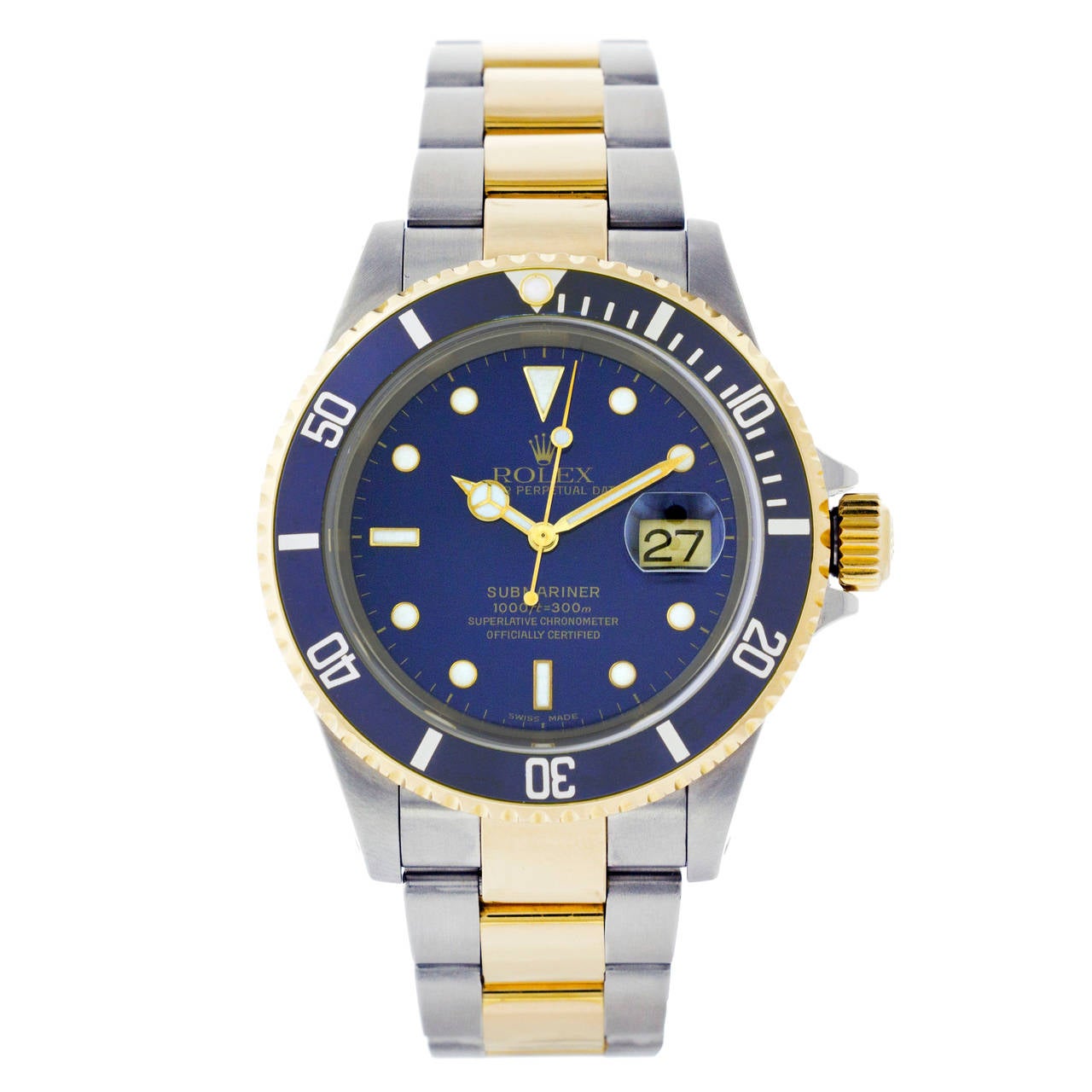 Rolex Stainless Steel Yellow Gold Submariner Automatic Wristwatch Ref 16613 For Sale