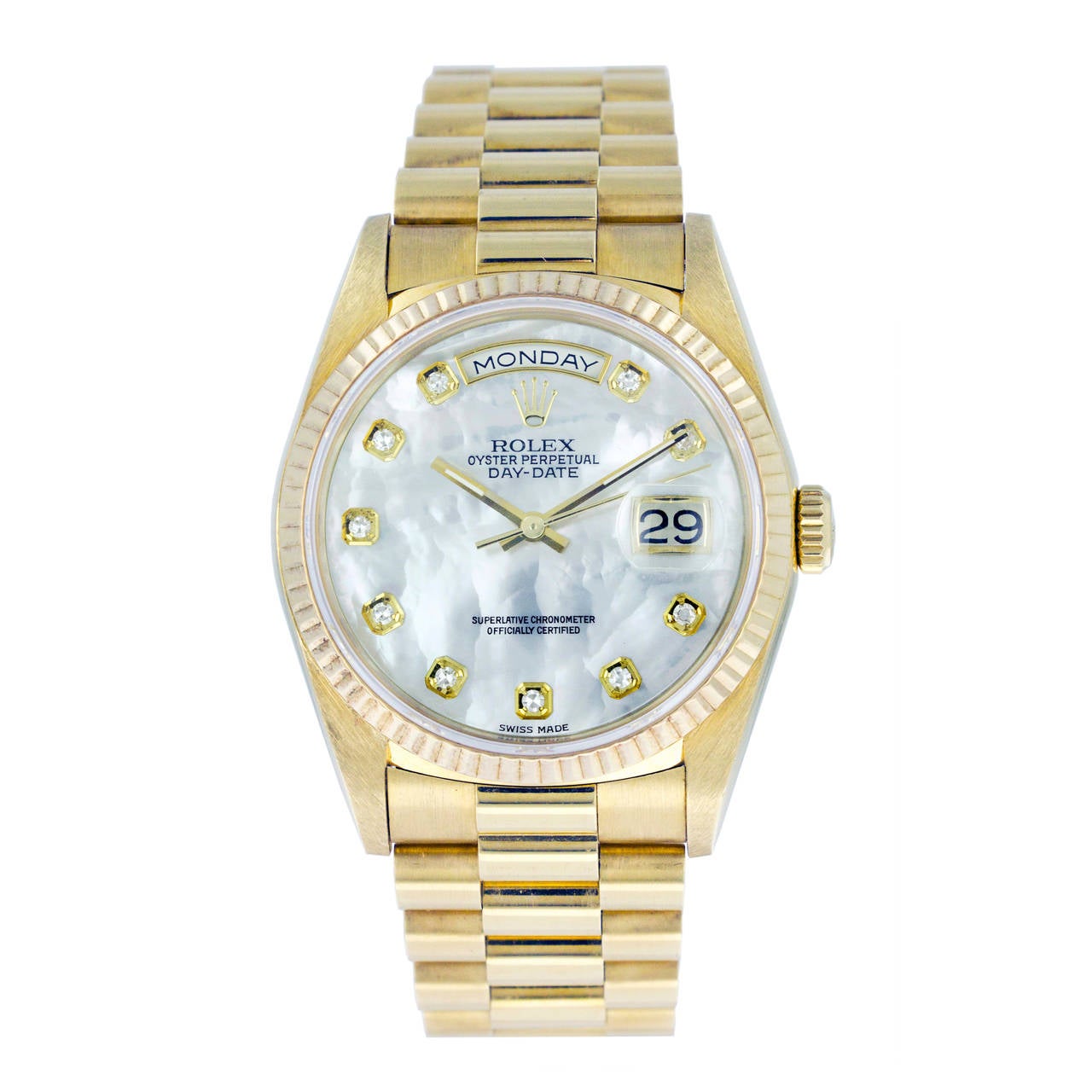 Rolex Yellow Gold President Day-Date Mother of Pearl Diamond Dial Wristwatch For Sale