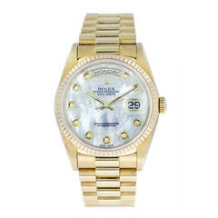 Vintage Rolex Yellow Gold President Day-Date Mother of Pearl Diamond Dial Wristwatch