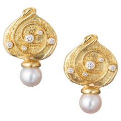 Elizabeth Gage 18k Yellow Gold Pearl Diamond Drop Earrings