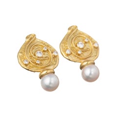Elizabeth Gage 18k Yellow Gold Pearl Diamond Drop Earrings