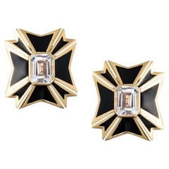 Verdura White Topaz Black Enamel Maltese Cross Earrings