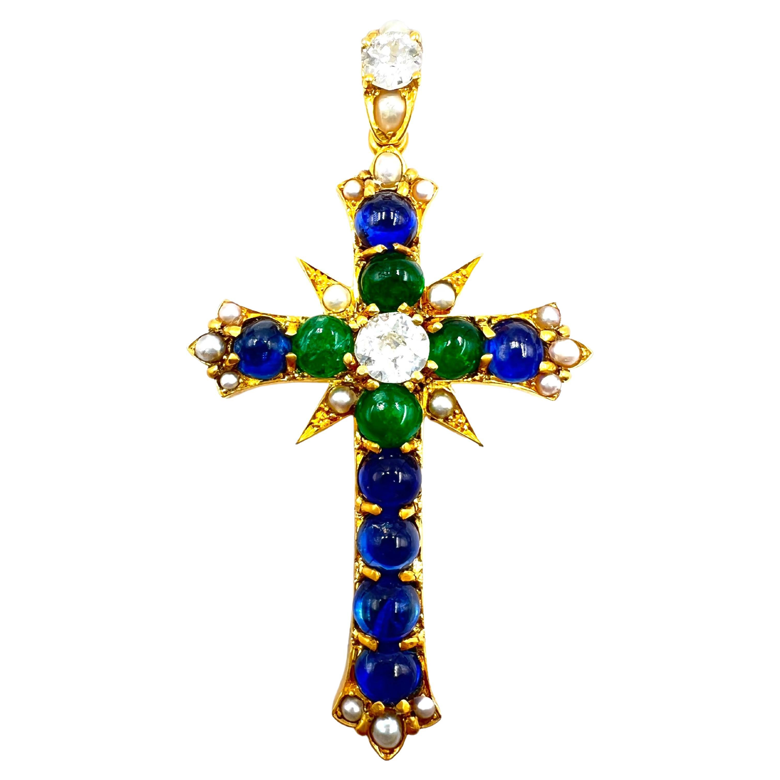 Antique Sapphire, Emerald and Diamond Cross Pendant