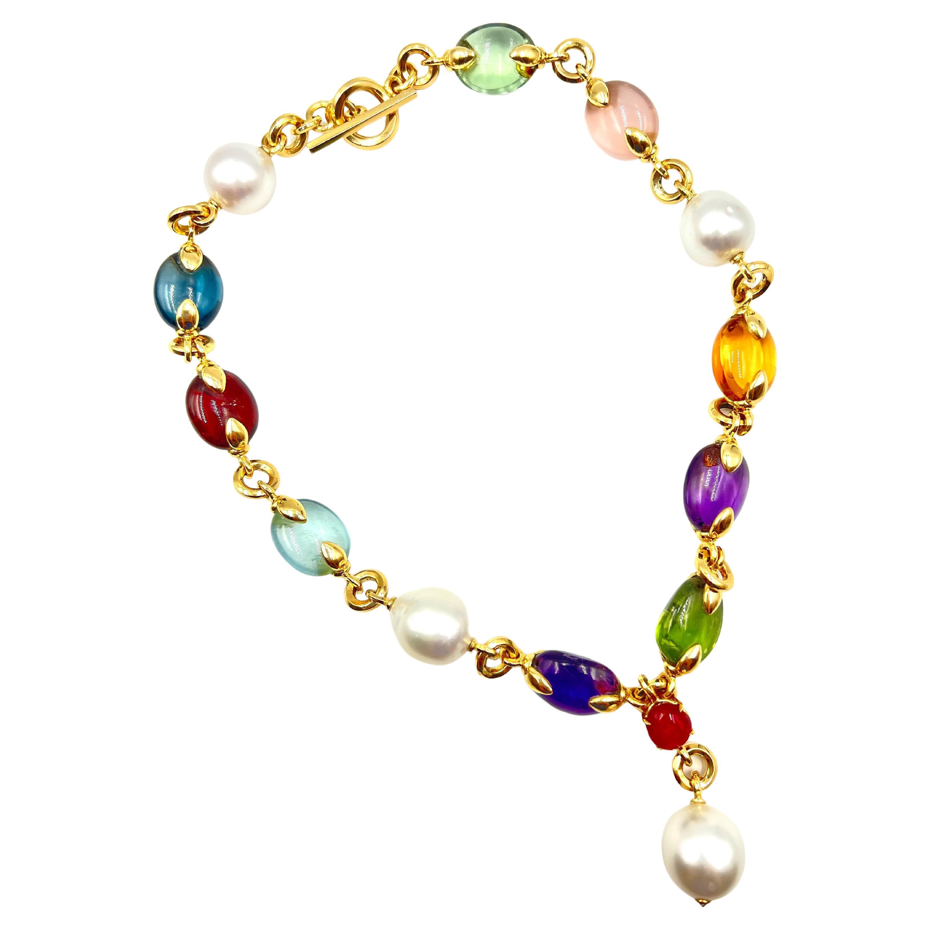 Verdura 18kt Yellow Gold Gemstone South Sea Pearl Fulco "Y" Necklace