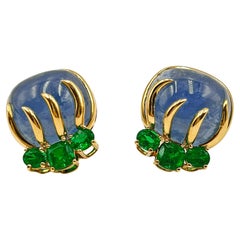 Verdura Gold Aquamarine Emerald Tendril Clip Earrings