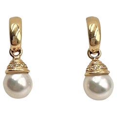 Retro Mikimoto 18k Yellow Gold Pearl Diamond Drop Earrings