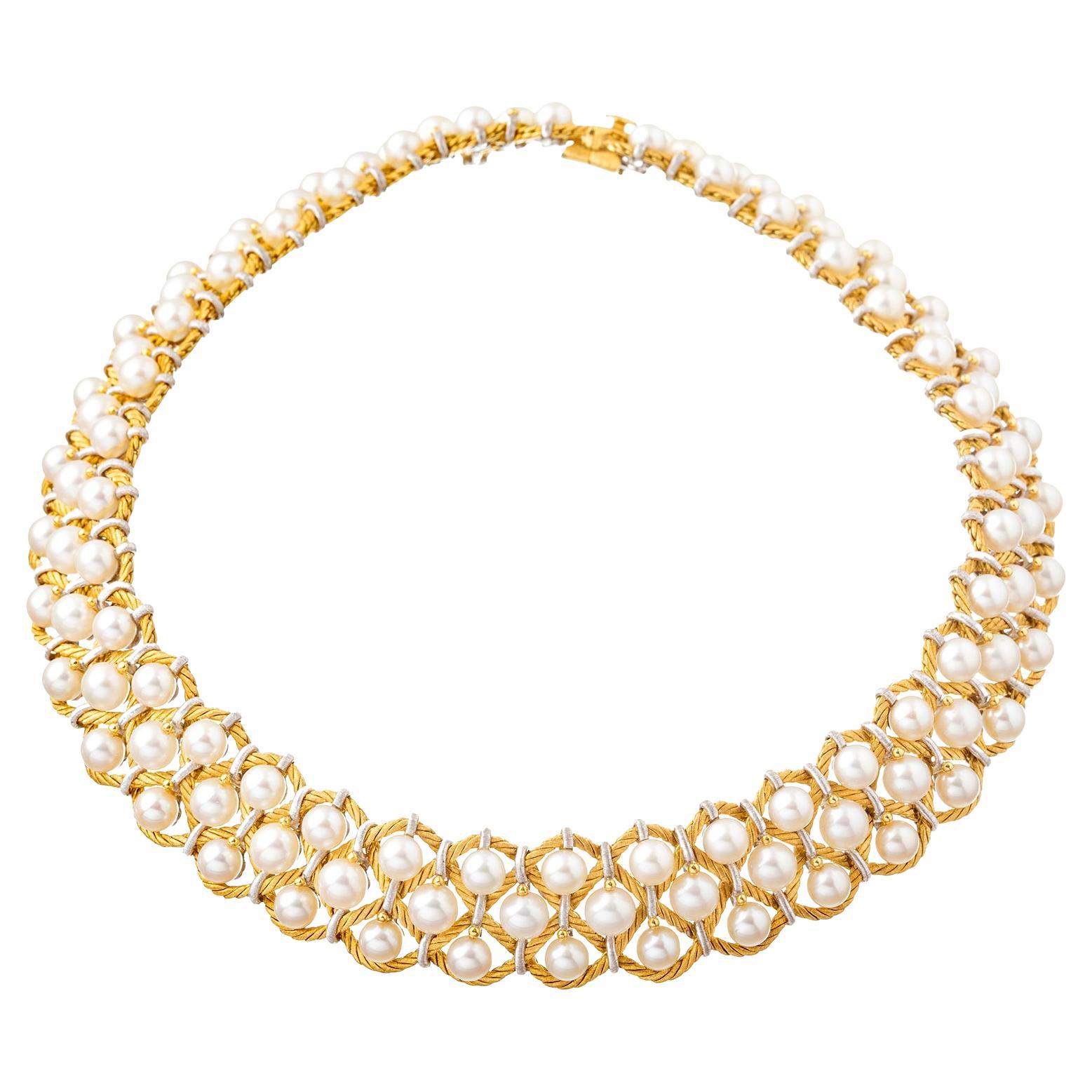 Buccellati 18k Gold Rete Pearl Collar Necklace