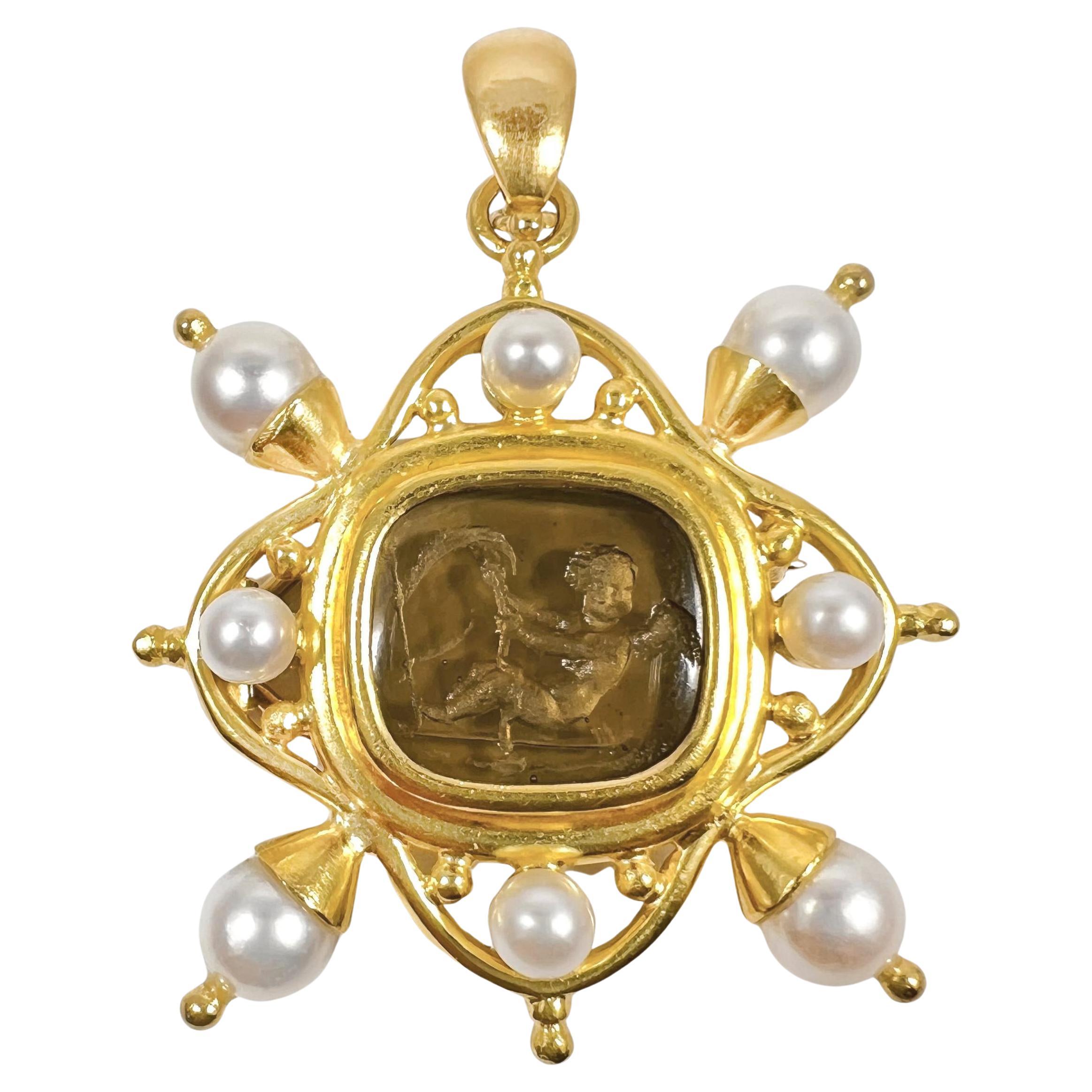 Elizabeth Locke 19k Gold Venetian Glass Pearl Pendant Brooch For Sale