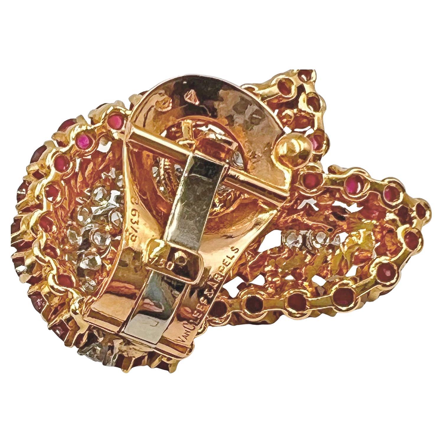 Round Cut Van Cleef & Arpels Ruby Diamond Belles Feuilles Earrings For Sale