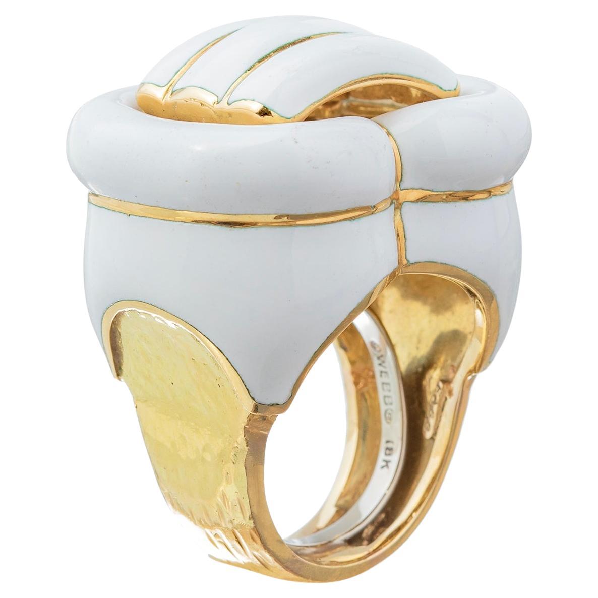 David Webb 18k Yellow Gold White Enamel Buckle Ring