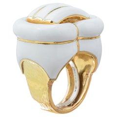 Retro David Webb 18k Yellow Gold White Enamel Buckle Ring