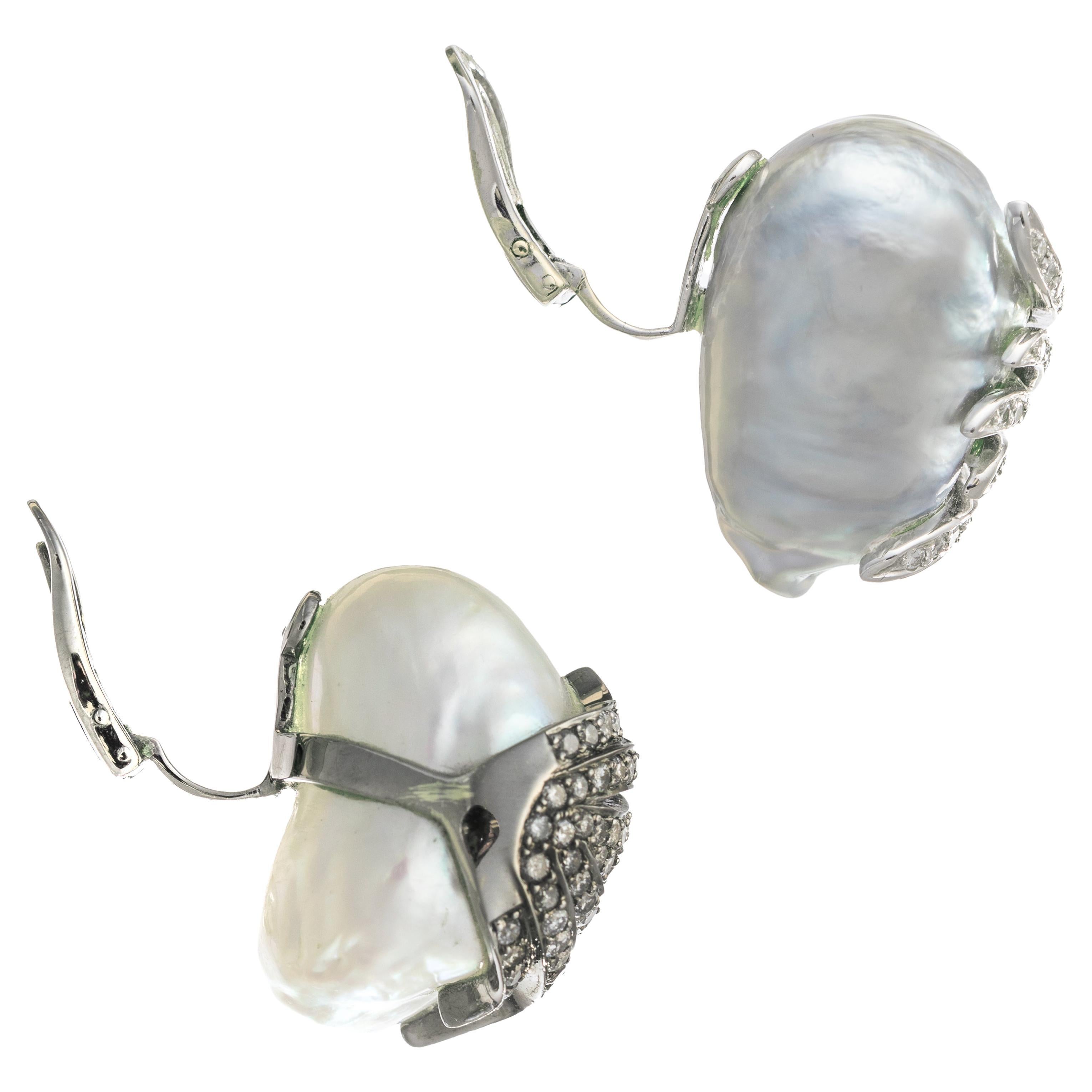 Baroque South Sea Pearl Multicolored Diamond Earrings In Excellent Condition In Palm Beach, FL