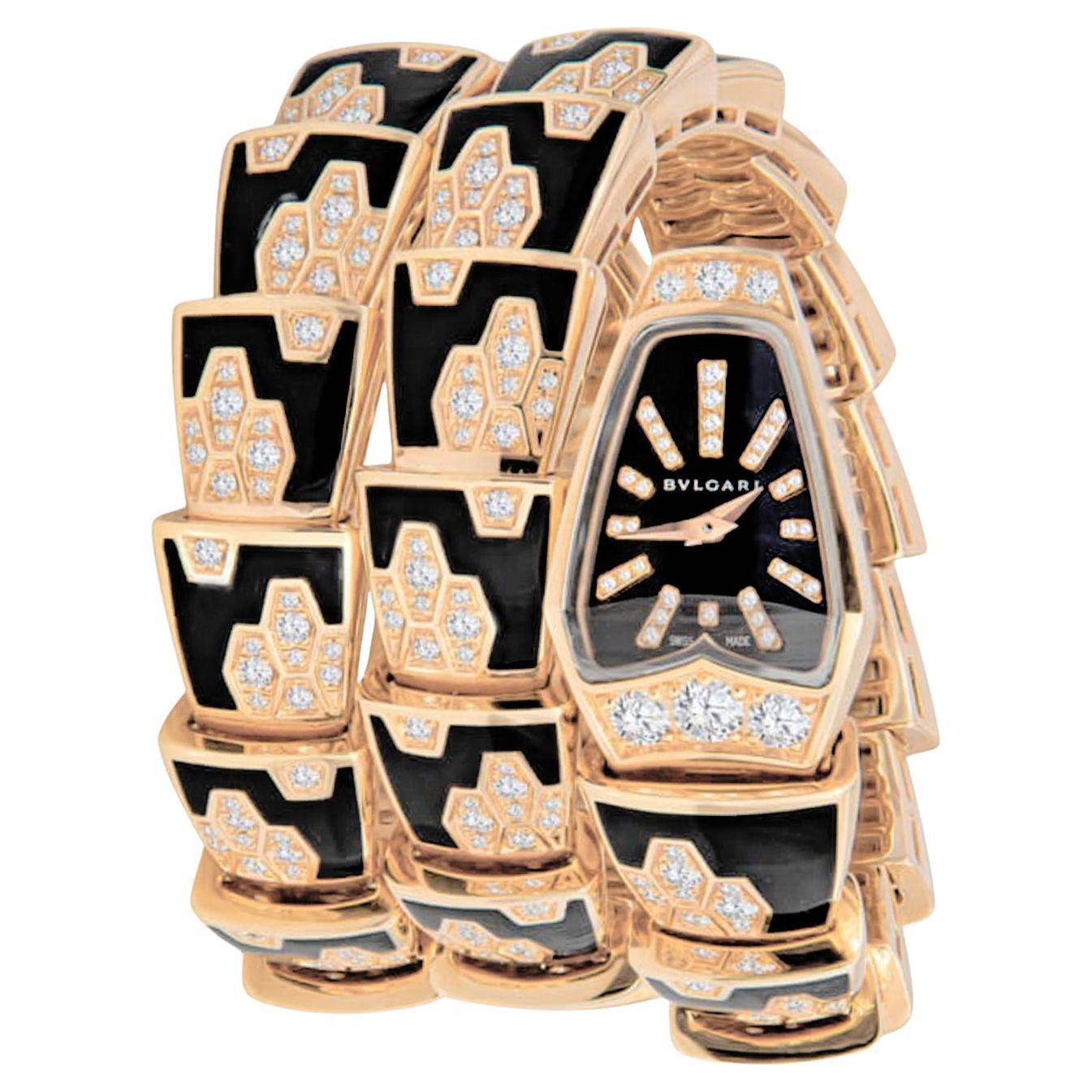 Bvlgari Serpenti Scagile Rose Gold Diamond Onyx Bracelet Watch