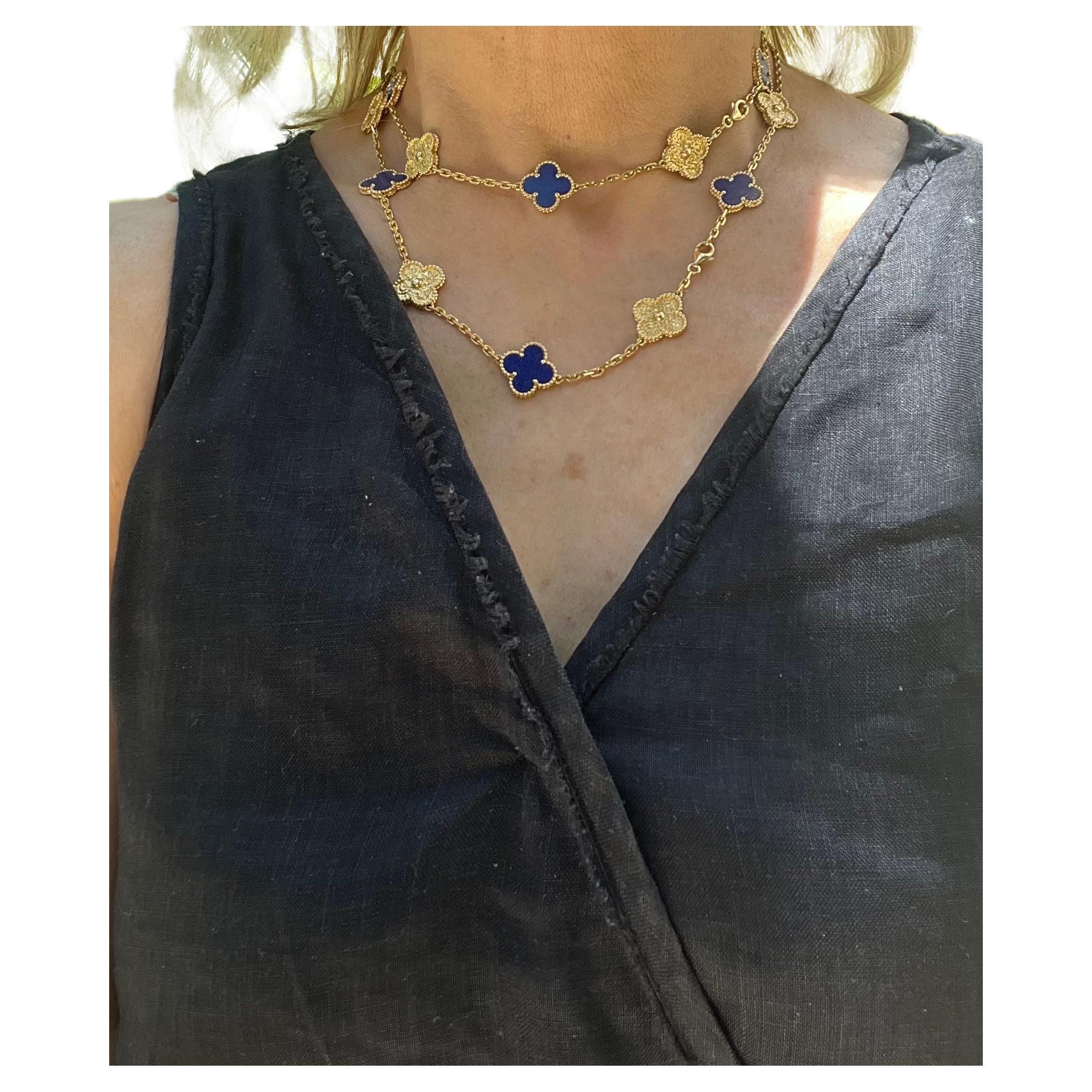Tumbled Van Cleef & Arpels 18k Gold Lapis Limited Edition Vintage Alhambra Necklace