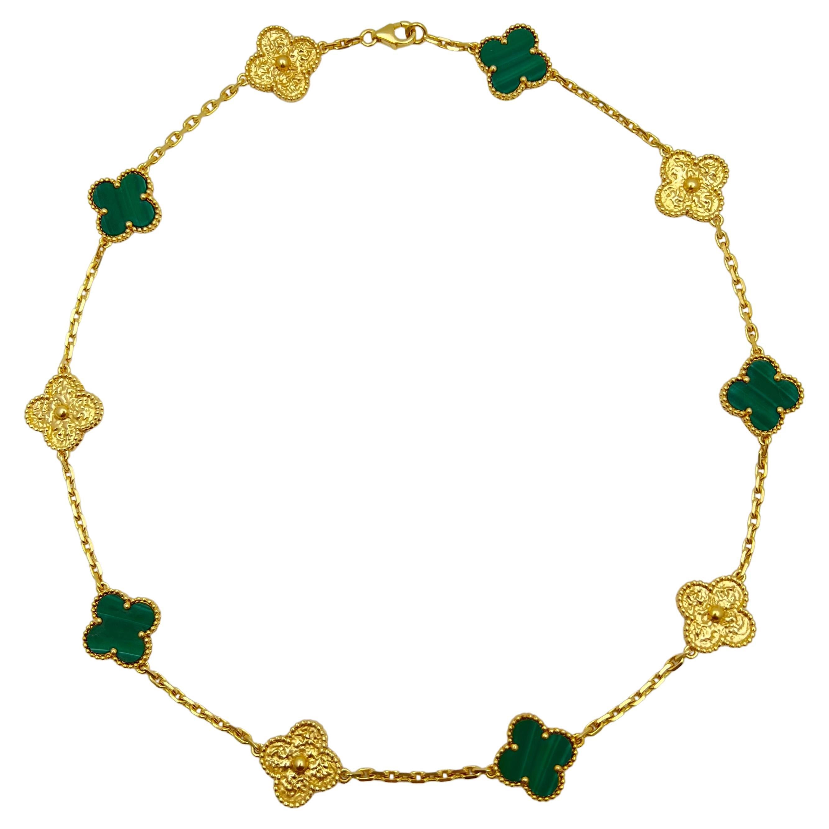 Van Cleef & Arpels 18k Gold Malachite Alternating Vintage Alhambra Necklace