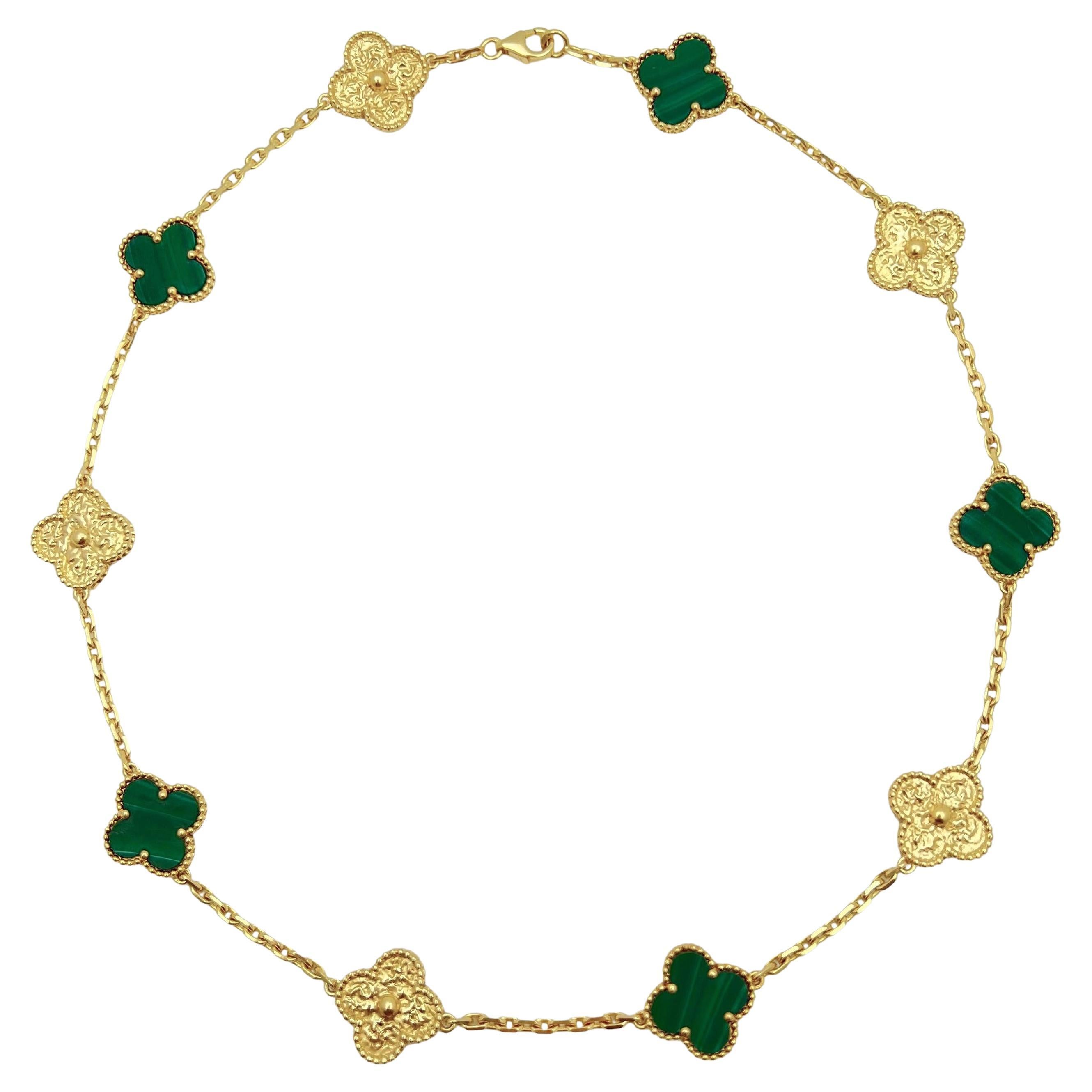 Van Cleef & Arpels 18k Gold Malachite Alternating Vintage Alhambra Necklace