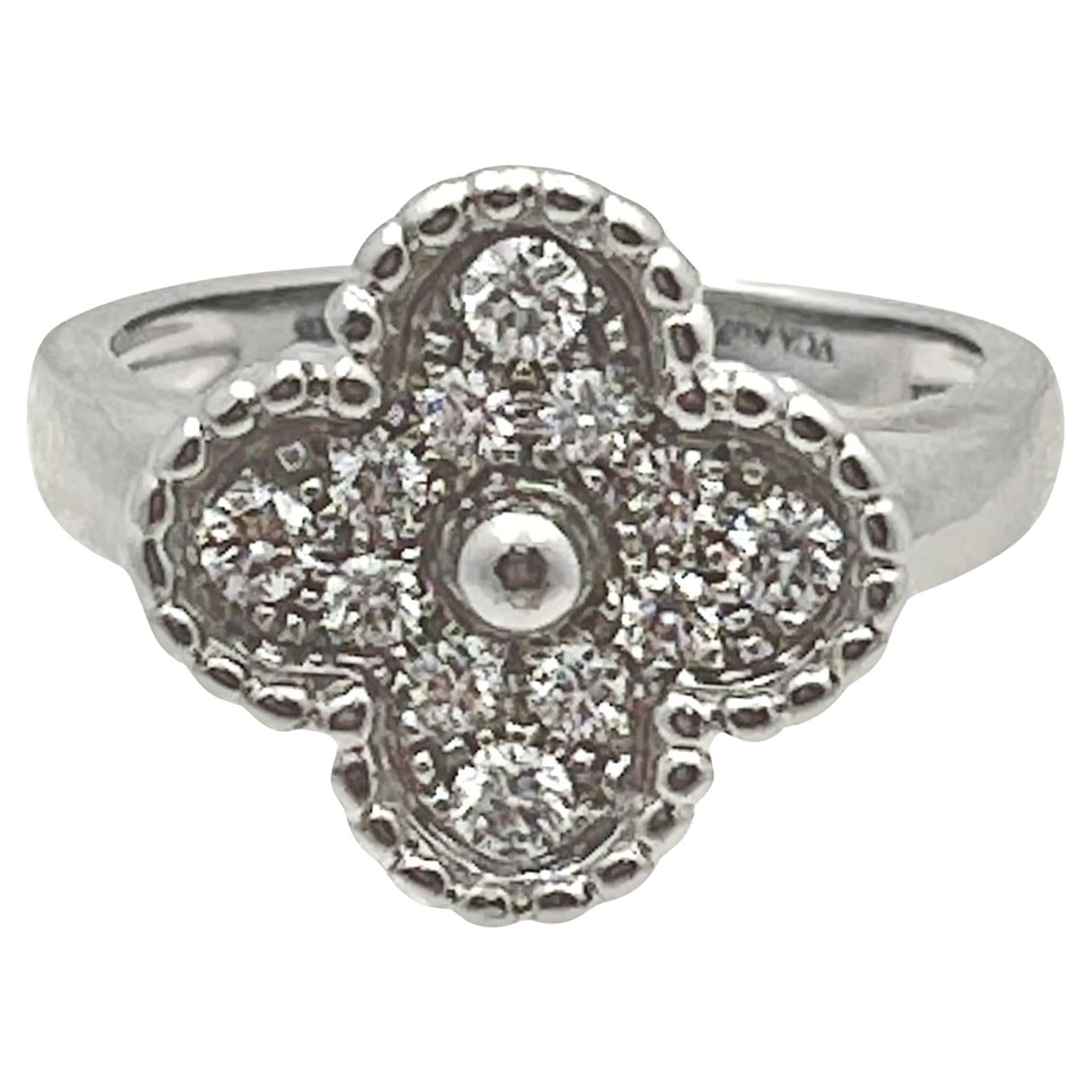Van Cleef & Arpels 18k White Gold Diamond Vintage Alhambra Ring