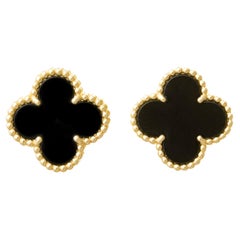 Van Cleef & Arpels 18k Yellow Gold Black Onyx Vintage Alhambra Earrings