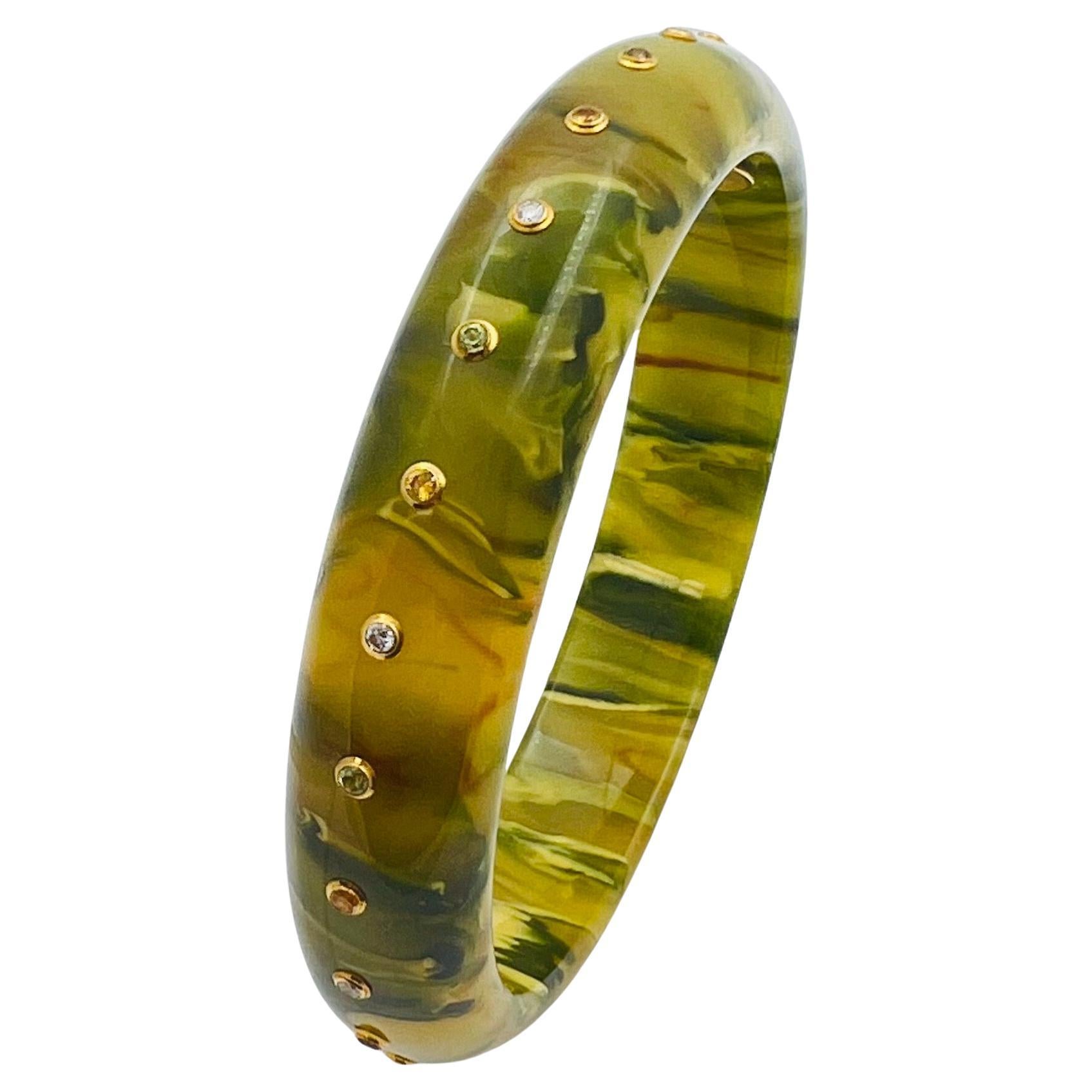 Mark Davis 18k Gold Diamond Sapphire Peridot Green Bakelite Bangle