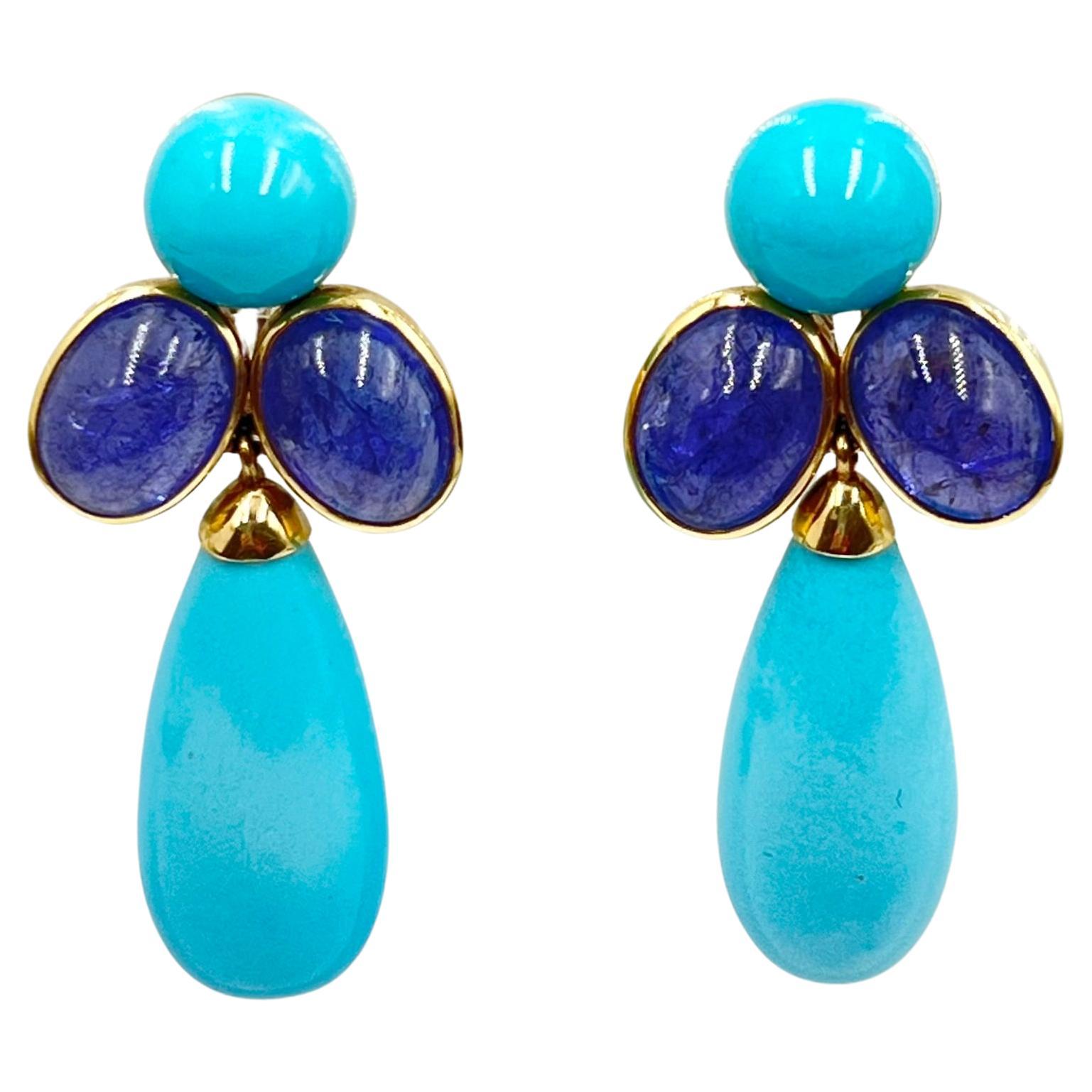 Peggy Guinness 18k Yellow Gold Turquoise Tanzanite Drop Earrings
