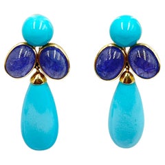 Peggy Guinness 18k Yellow Gold Turquoise Tanzanite Drop Earrings
