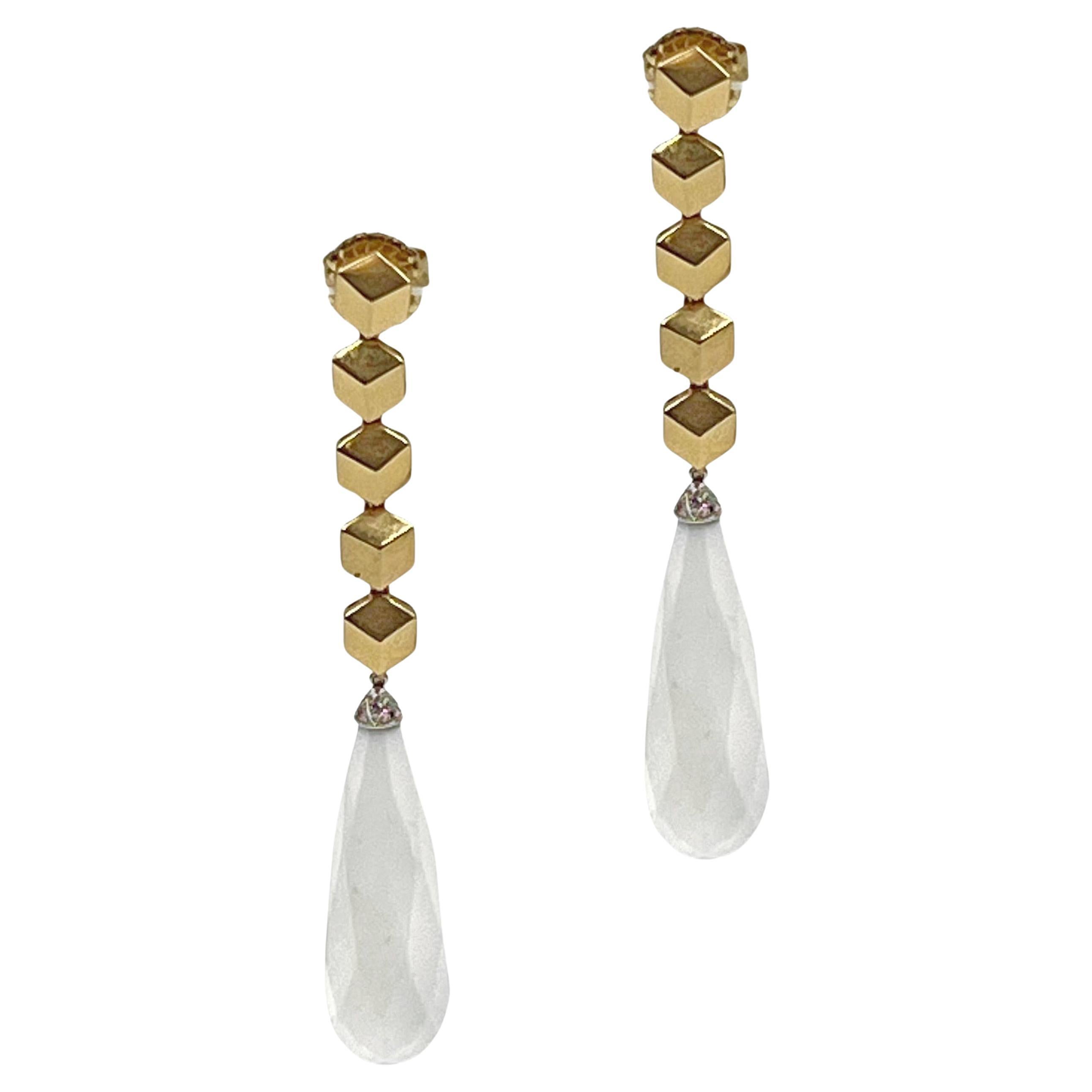 Paolo Costagli 18k Yellow Gold White Chalcedony Diamond Drop Earrings
