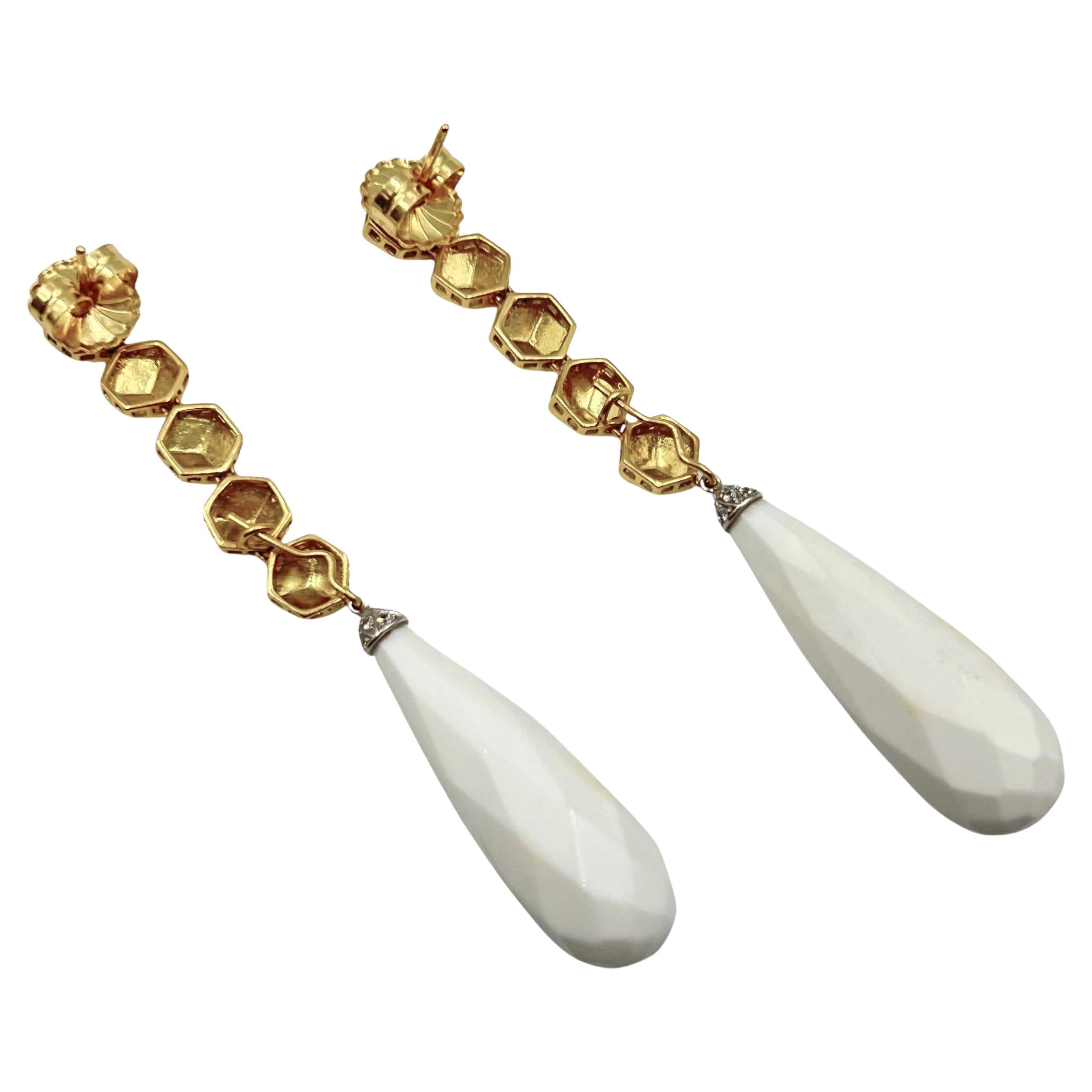 Paolo Costagli 18k yellow gold and white chalcedony long drop earrings.  The tops are each composed of a line of five polished yellow gold geometric links with detachable faceted teardrop-shaped white chalcedony bottoms.  The 38mm long bottoms have