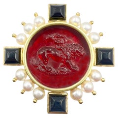 Elizabeth Locke 19k Gold Venetian Red Glass Pearl Onyx Cupid Pendant Brooch