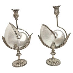 Pair of Nautilus Shell Silverplated Candlesticks