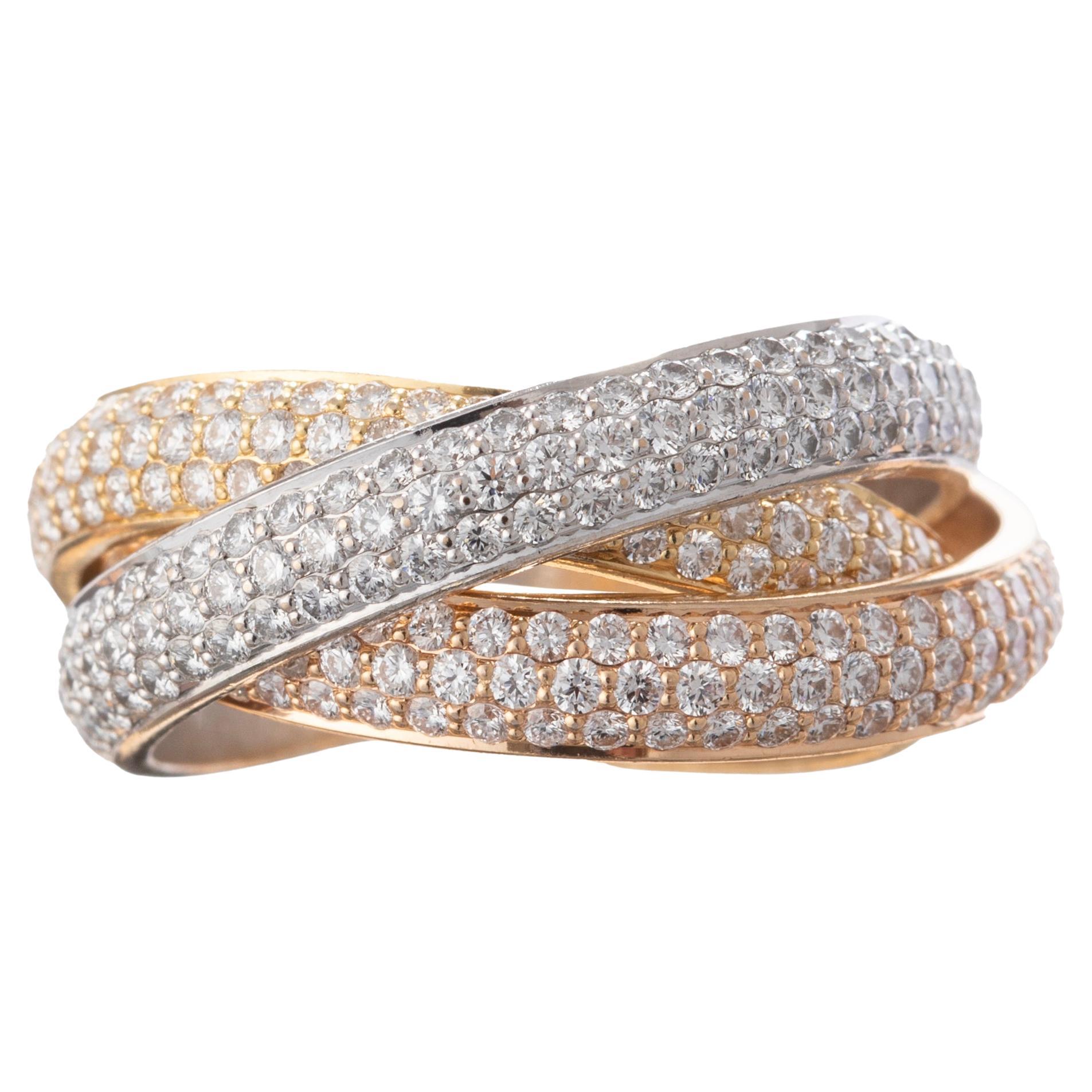 Cartier 18k Tricolored Gold Diamond Medium Trinity Ring