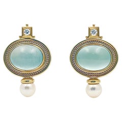 Elizabeth Gage 18k Gold Aquamarine Pearl Diamond Valois Earrings