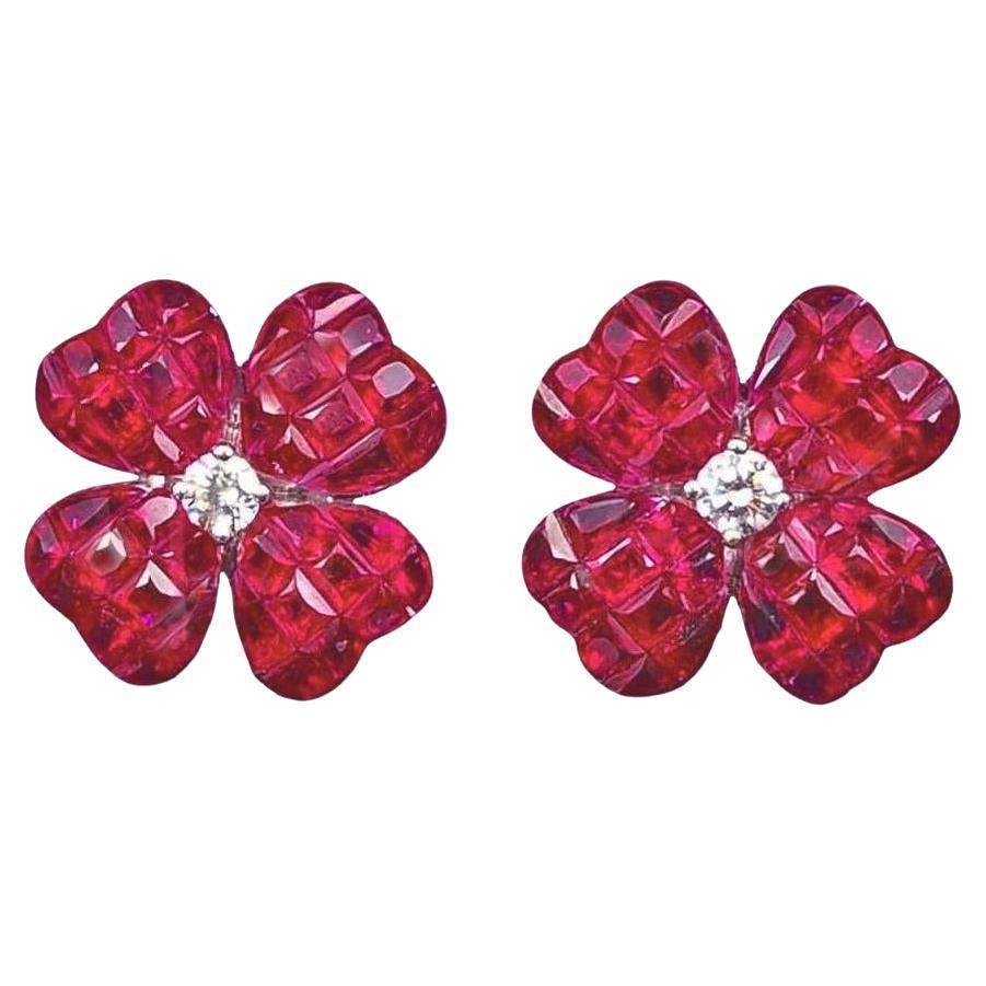 Small Invisibly-Set Ruby Diamond Clover Earrings