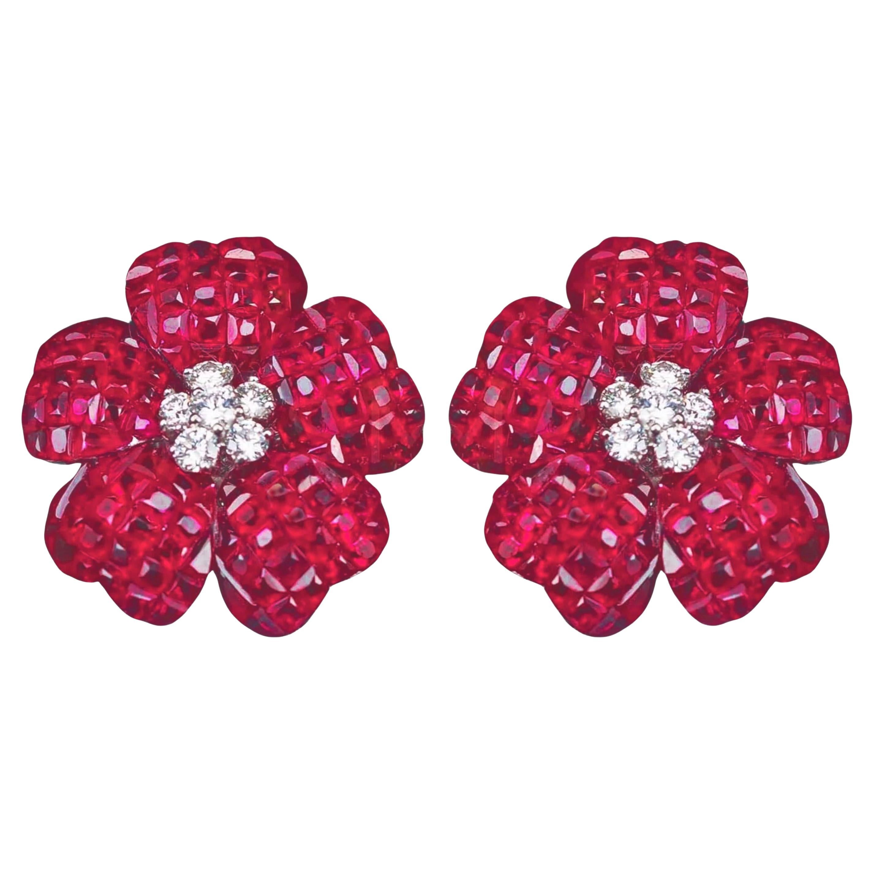 Medium Invisibly-Set Ruby Diamond Flower Earrings