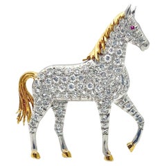 Platinum 18k Gold Pave Diamond Horse Brooch