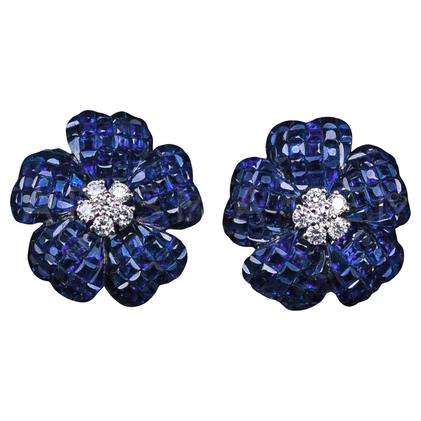 Boucles d'oreilles fleur en saphir et diamant sertis de manière invisible