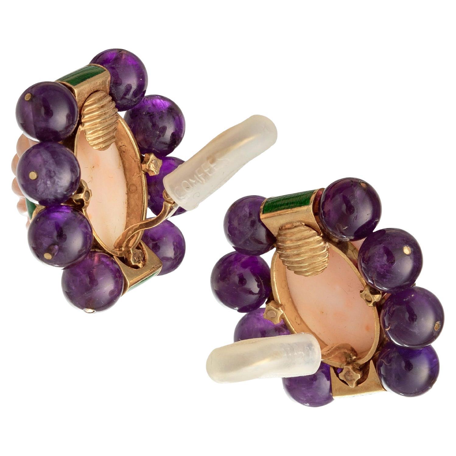 Bead David Webb 18k Yellow Gold Coral Amethyst Green Enamel Earrings