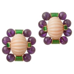 David Webb 18k Yellow Gold Coral Amethyst Green Enamel Earrings
