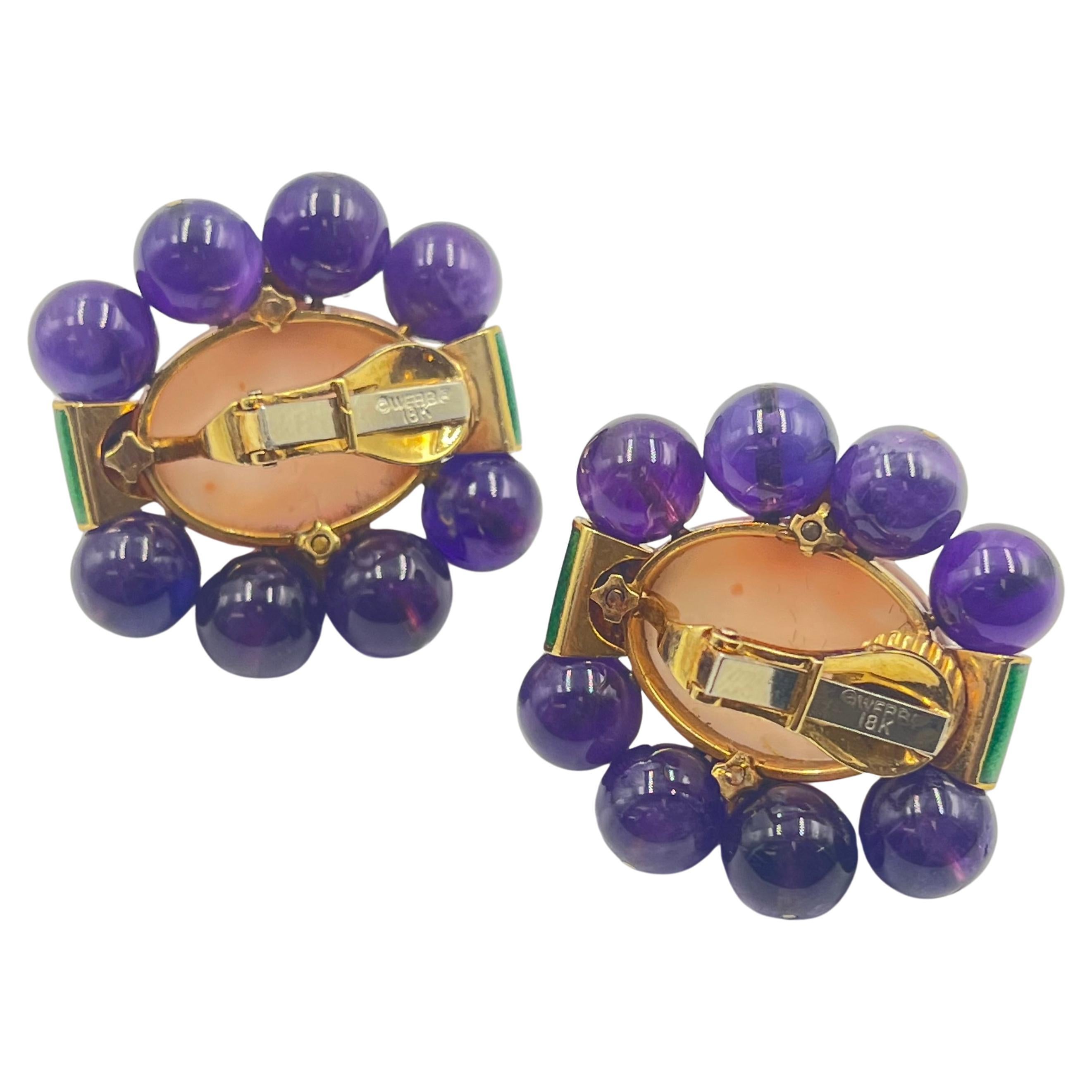Women's David Webb 18k Yellow Gold Coral Amethyst Green Enamel Earrings