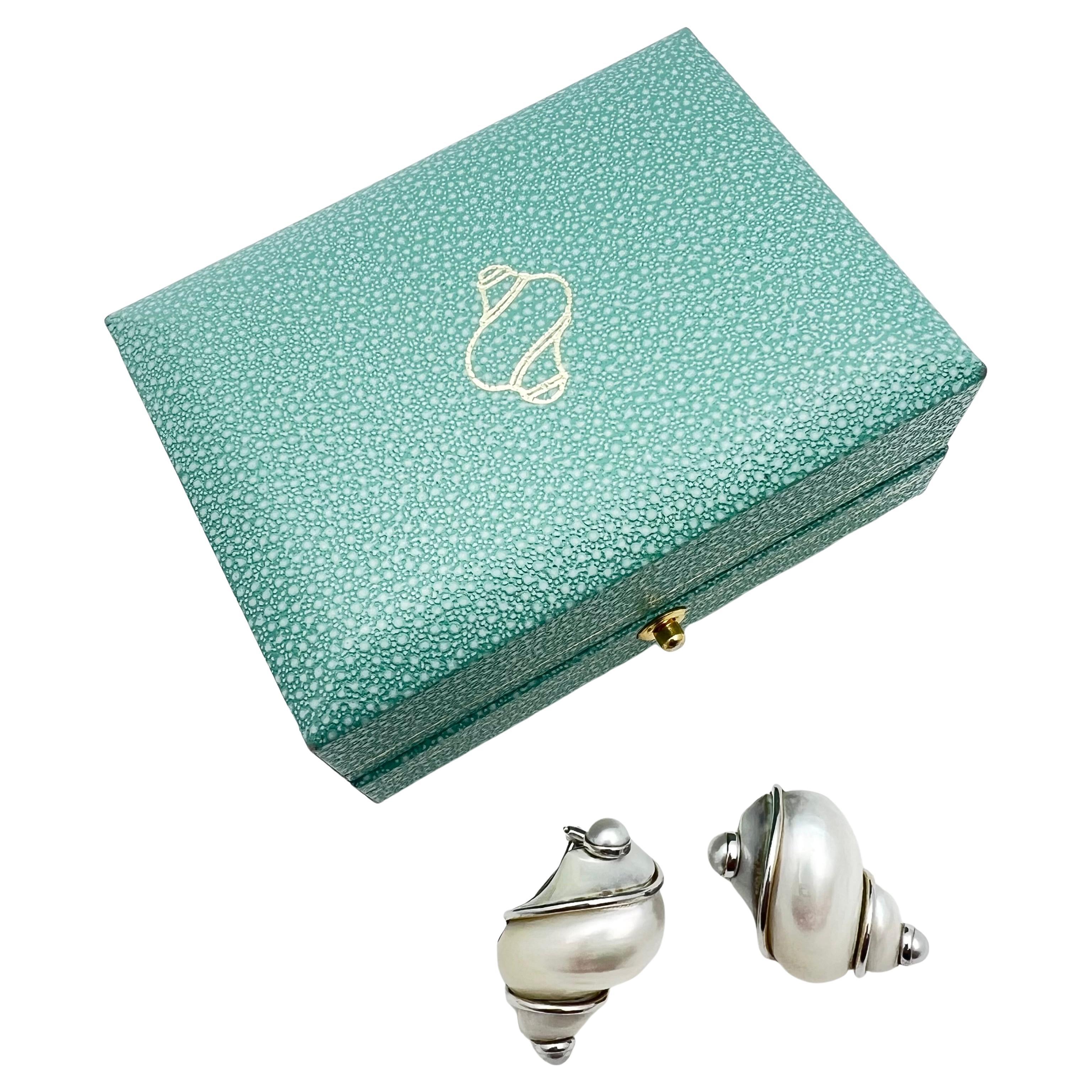 Bead Seaman Schepps 18k White Gold Pearl Turbo Shell Earrings For Sale