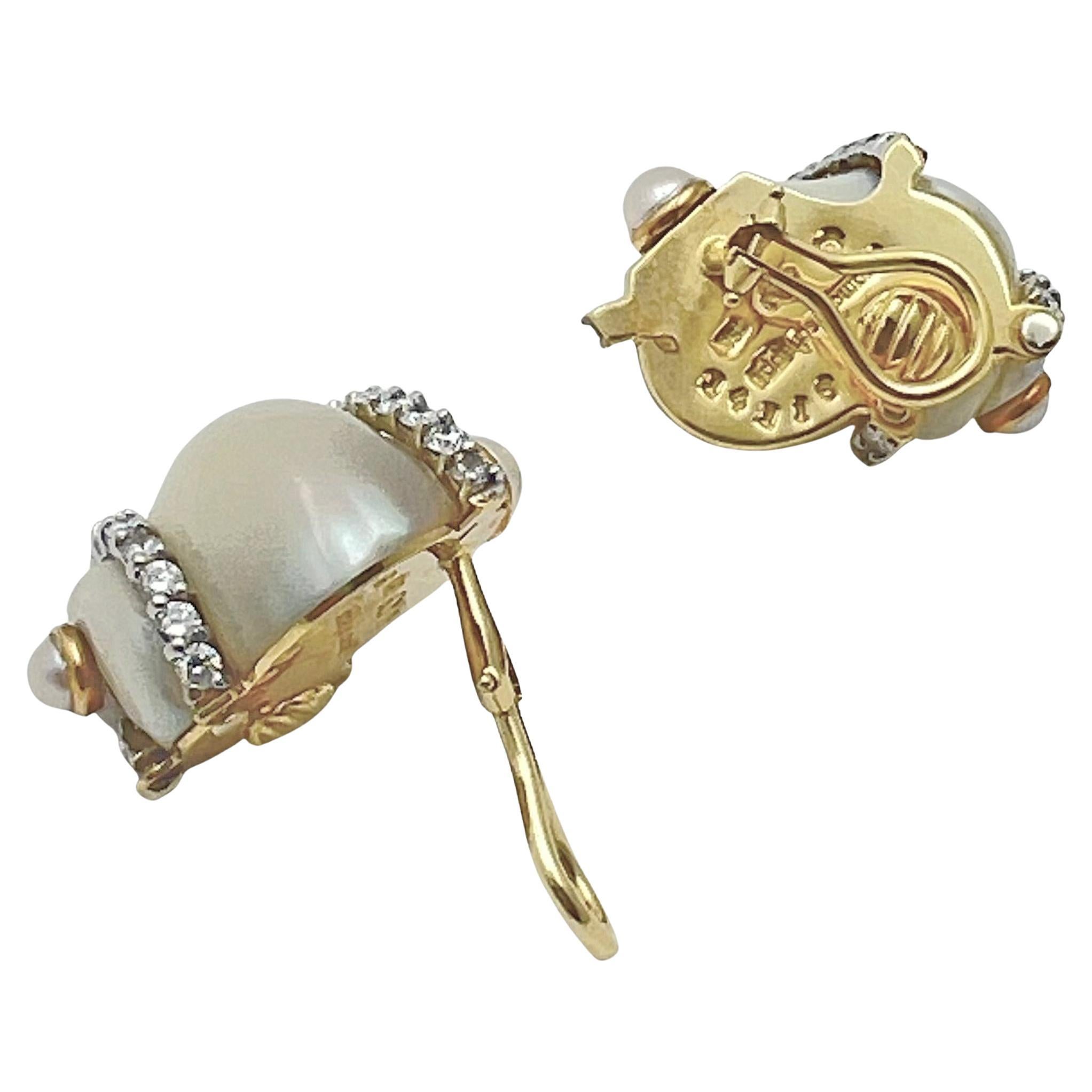 Seaman Schepps 18k Gold Pearl Diamond Turbo Shell Earrings In Excellent Condition In Palm Beach, FL