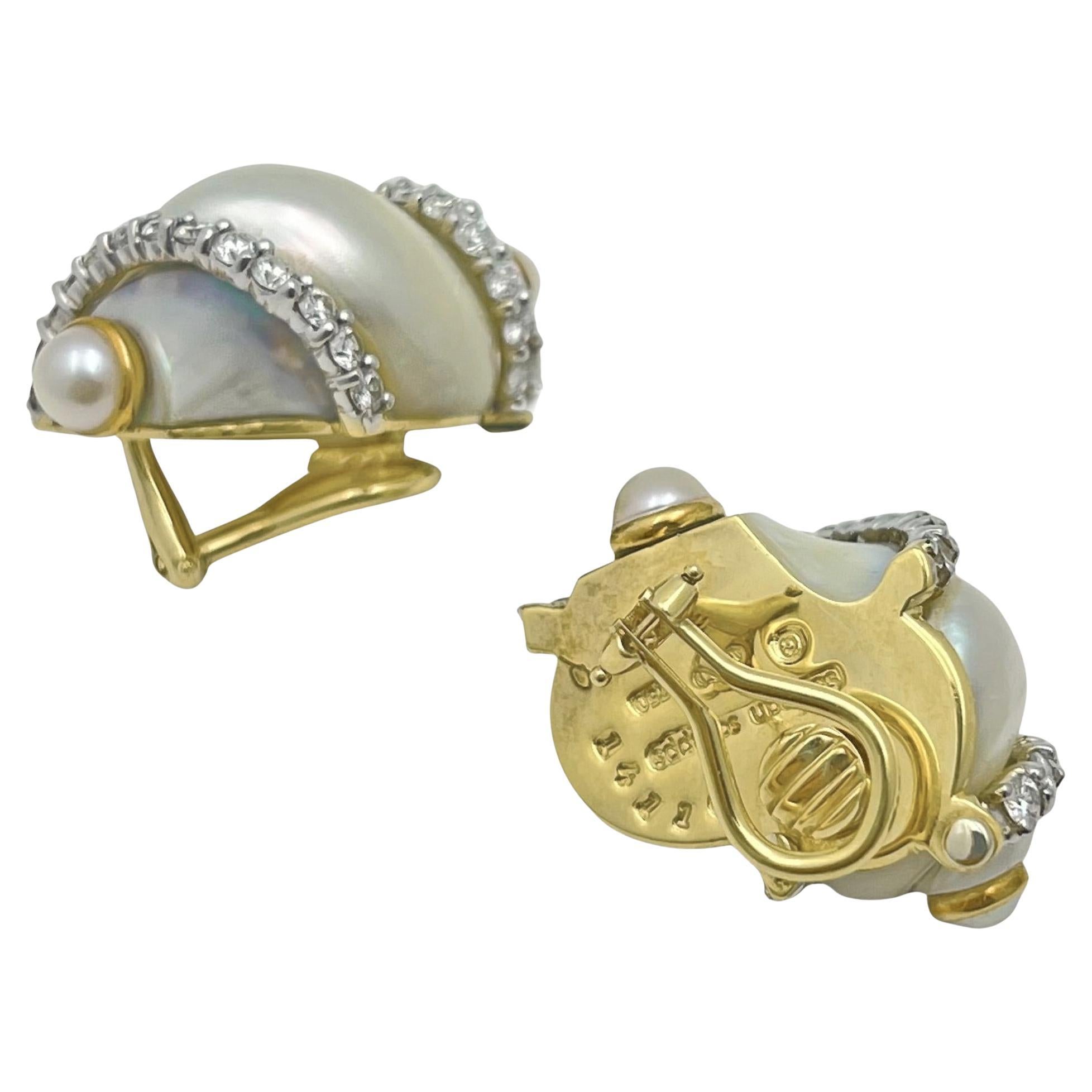 Women's Seaman Schepps 18k Gold Pearl Diamond Turbo Shell Earrings