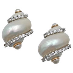 Seaman Schepps 18k Gold Pearl Diamond Turbo Shell Earrings