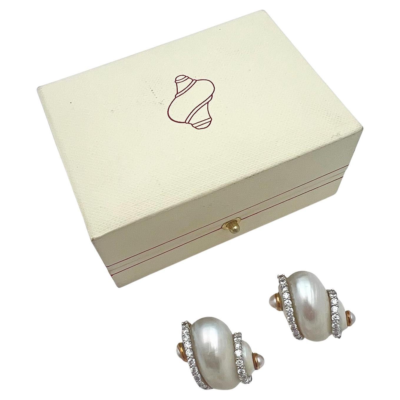 Brilliant Cut Seaman Schepps 18k Gold Pearl Diamond Turbo Shell Earrings