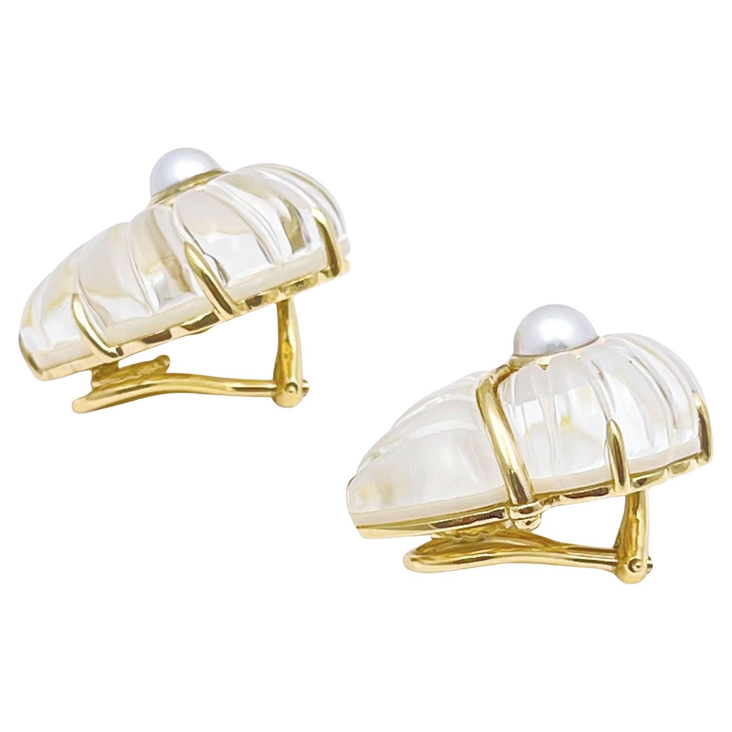 Tumbled Trianon 18k Gold Rock Crystal Pearl Nautilus Earrings