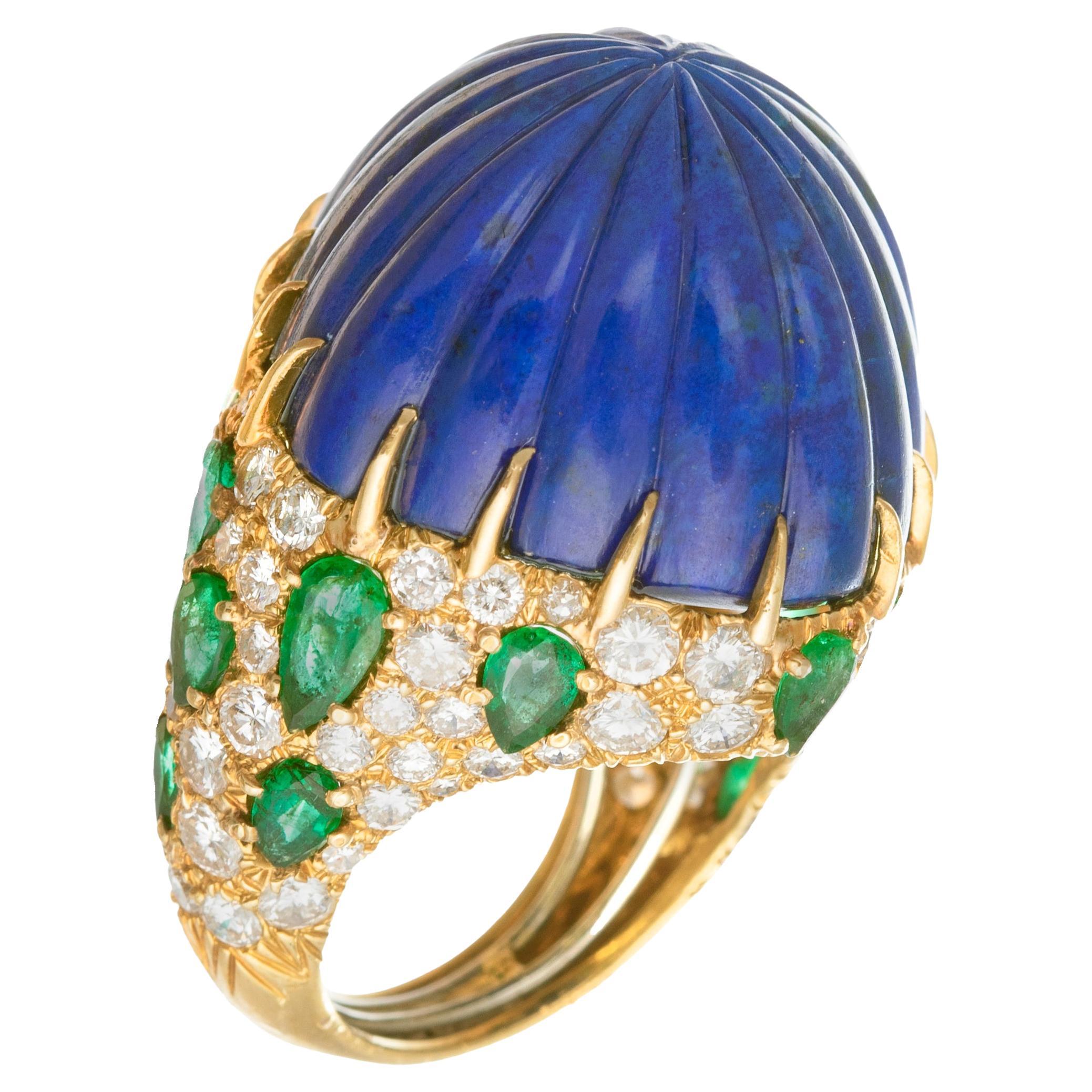 David Webb Lapis Emerald Diamond Cocktail Ring