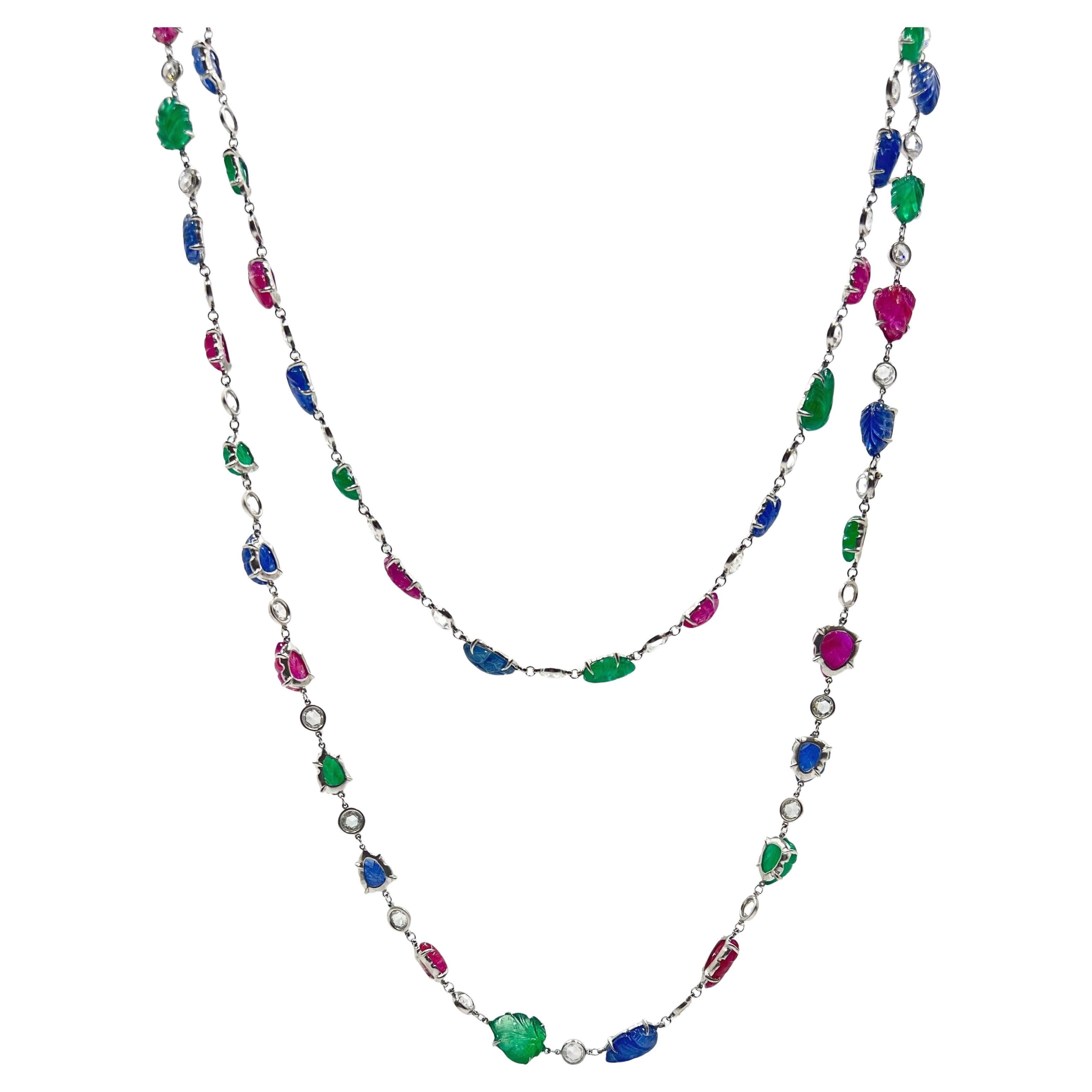Platinum Ruby Emerald Sapphire Diamond Tutti Frutti Long Necklace en venta