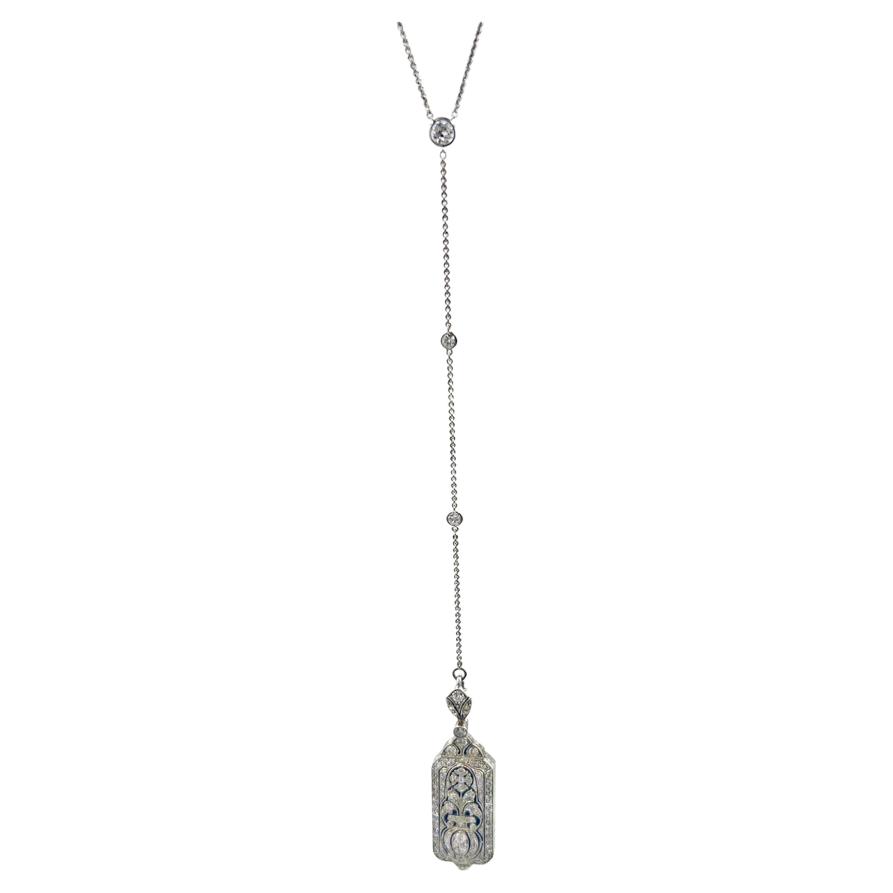 Women's or Men's Art Deco Platinum Diamond Pendant Watch on Sautoir Neck Chain For Sale
