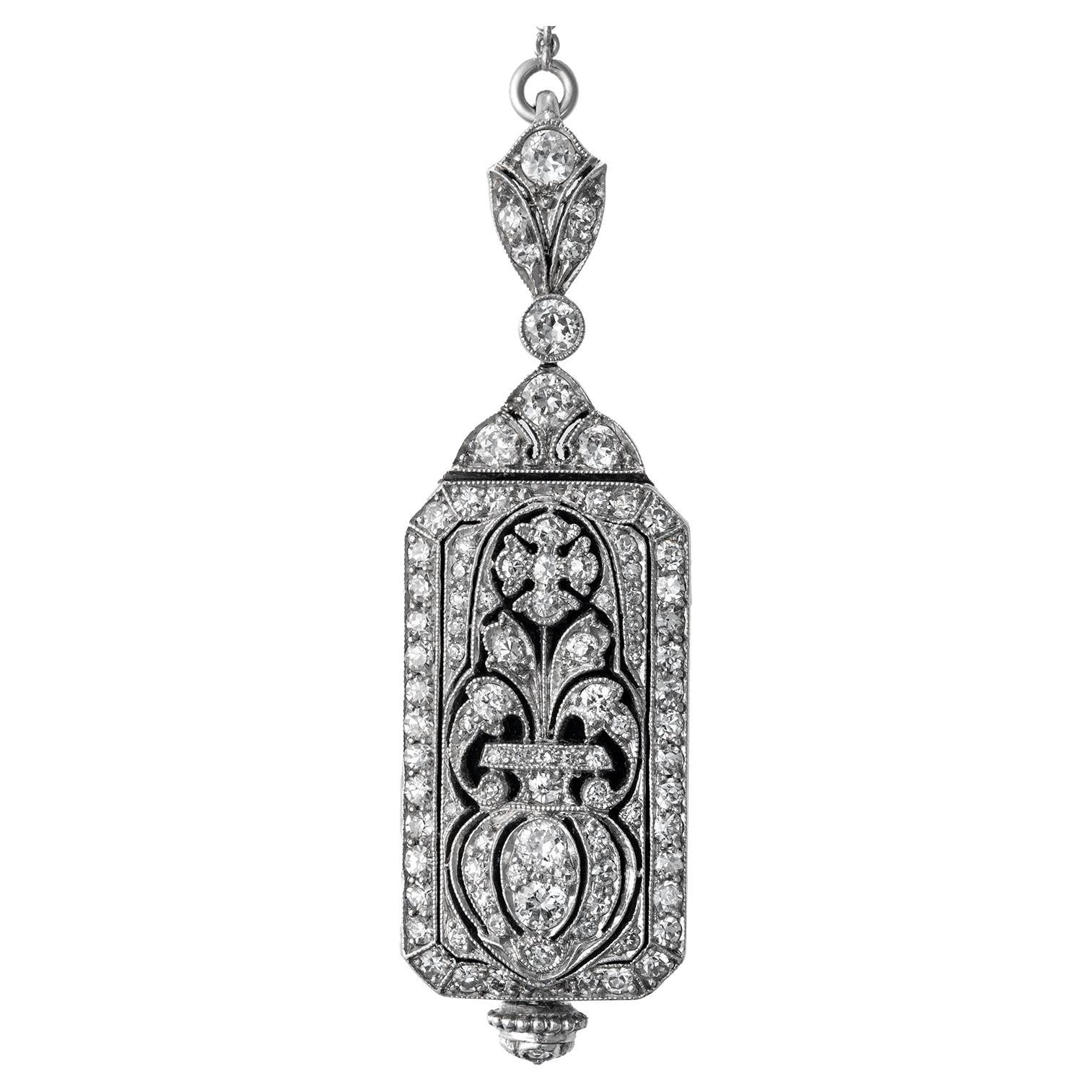 Old European Cut Art Deco Platinum Diamond Watch Pendant Necklace For Sale