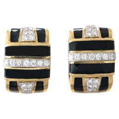 David Webb 18k Yellow Gold Black Enamel Diamond Earrings